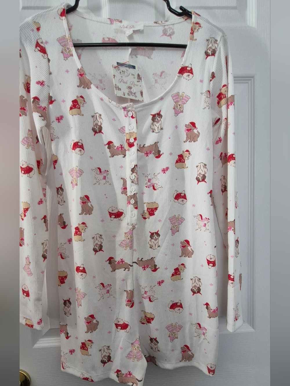 Pink Rose Holiday Women Pajama Romper with Pink Red Tan Puppy Print Christmas M